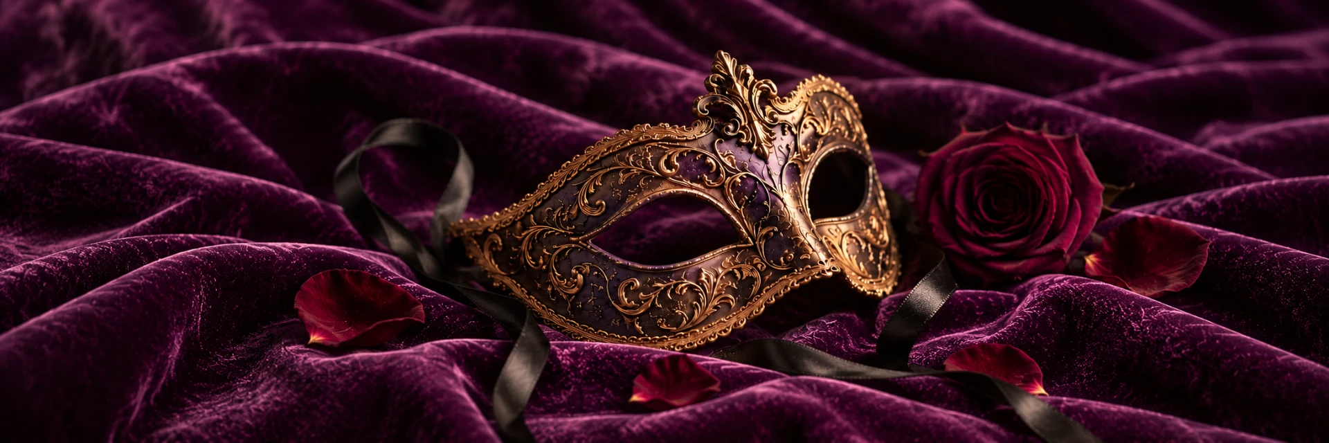Goldene venezianische Maske auf violettem Samt mit dunkler Rose