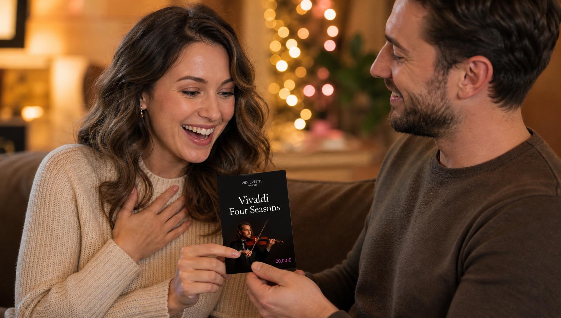 Person überreicht einer strahlenden Person einen Geschenkgutschein