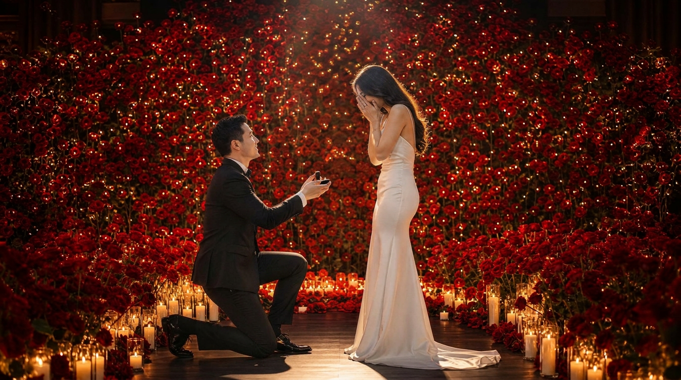 Heiratsantrag im Spotlight zwischen tausenden Rosen